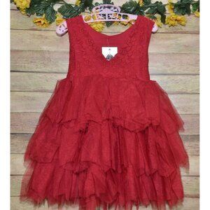 NWR Girls Red Lace & Mesh Layered Dress Bow Back Size 2T 90 Holiday Christmas